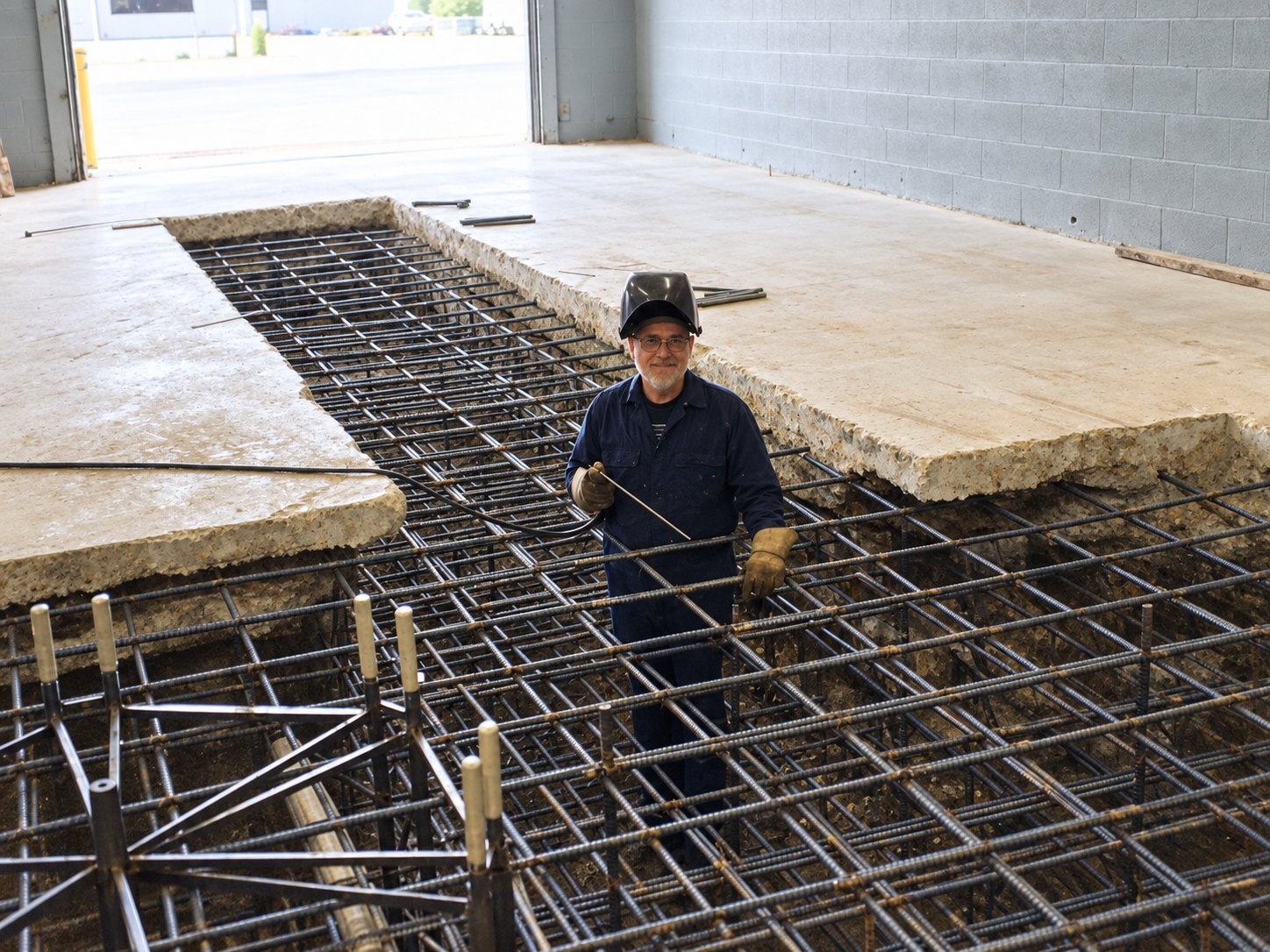 Foundation work in the South Holland plant, with a worker among the exposed rebar before the concrete pour